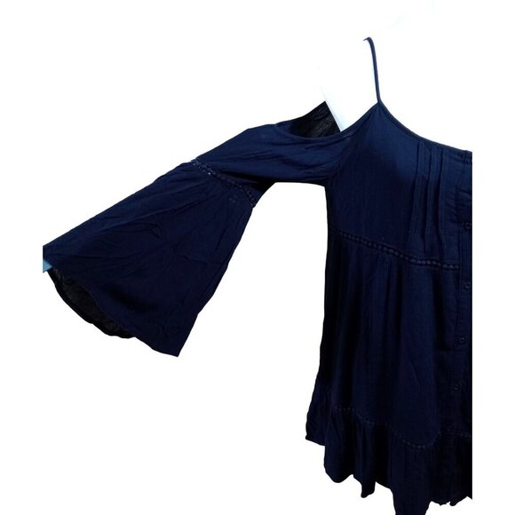 Paper Crane Womens Navy Blue Spaghetti Strap Off Shoulder Long Flare Sleeve Dres - Picture 3 of 8